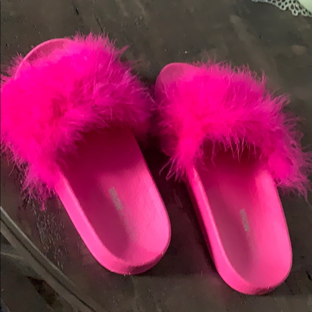 Pink fuzzy slides
